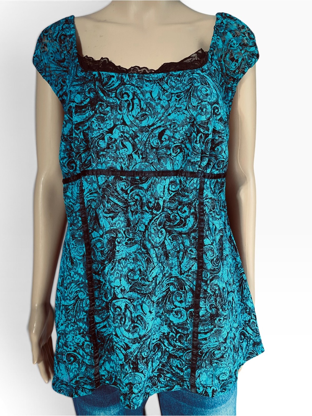 Lane Bryant Teal and Black Lace-Trim Tunic Top
